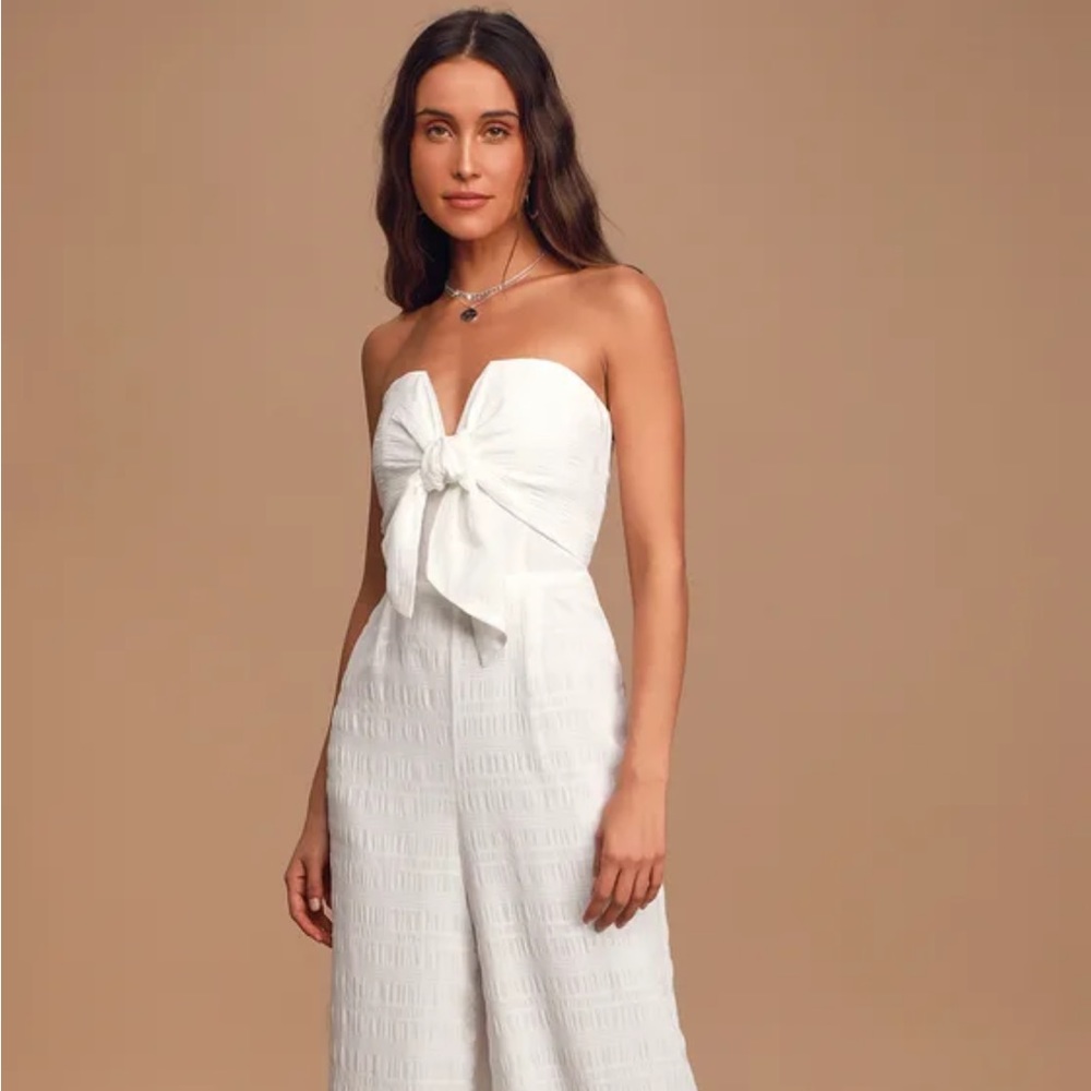 Lulus Perfect Weekend White Strapless Tie-Front Wide-Leg Jumpsuit, Small